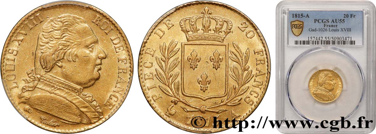 20 francs or Louis XVIII, buste habillé 1815 Paris F.517/10 SUP55 PCGS