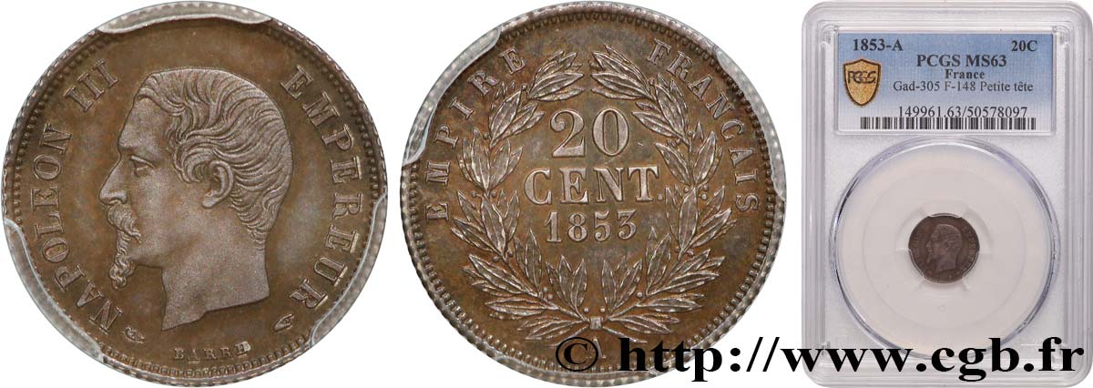 20 centimes Napoléon III, tête nue 1853 Paris F.148/1 SPL63 PCGS