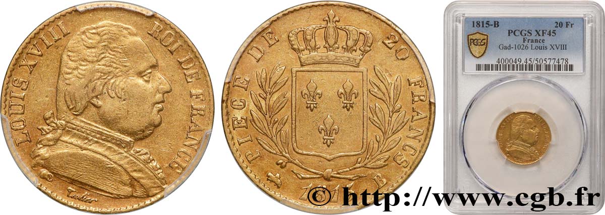 20 francs or Louis XVIII, buste habillé 1815 Rouen F.517/11 TTB45 PCGS