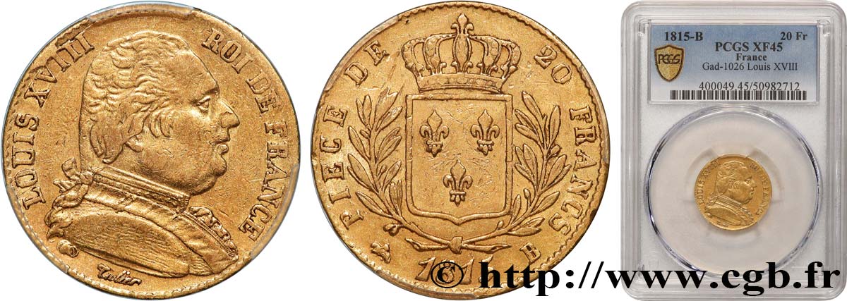 20 francs or Louis XVIII, buste habillé 1815 Rouen F.517/11 TTB45 PCGS