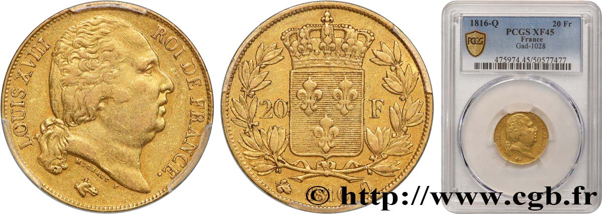 20 francs or Louis XVIII, tête nue 1816 Perpignan F.519/3 XF45 PCGS