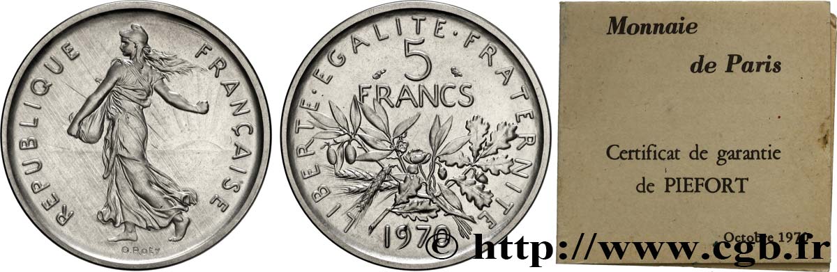 Piéfort Cu-Ni de 5 francs Semeuse 1970 Paris GEM.154 P1 MS 