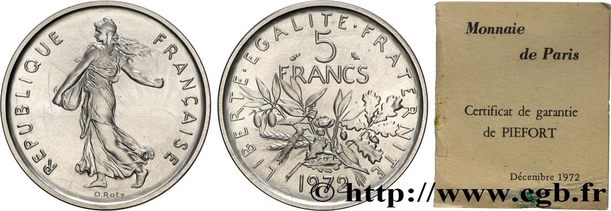 Piéfort Argent de 5 francs Semeuse 1972 Paris GEM.154 P2  FDC 