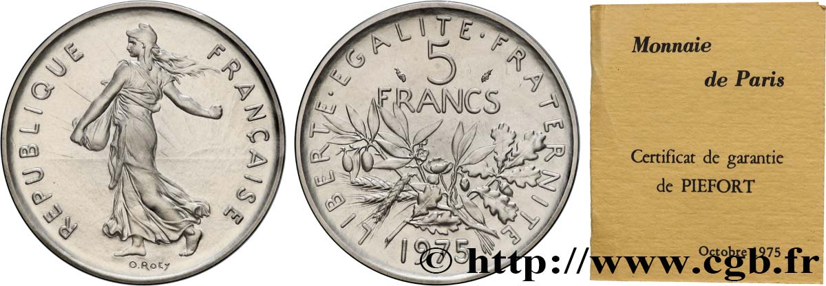 Piéfort Argent de 5 francs Semeuse 1975 Pessac GEM.154 P2 ST 