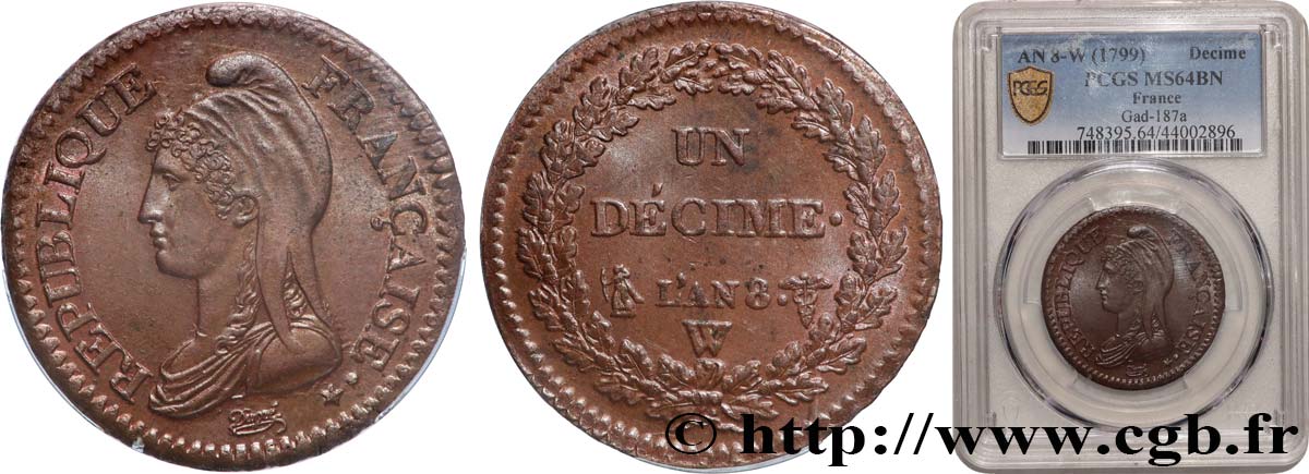 Un décime Dupré, grand module 1800 Lille F.129/74 MS64 PCGS