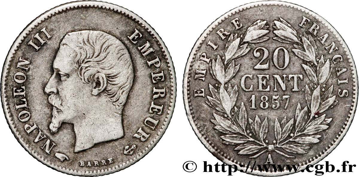 20 centimes Napoléon III, tête nue, Grands Différents 1857 Paris F.148/9 TB 