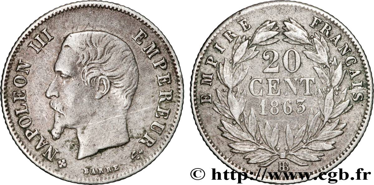 20 centimes Napoléon III, tête nue 1863 Strasbourg F.148/18 TB+ 