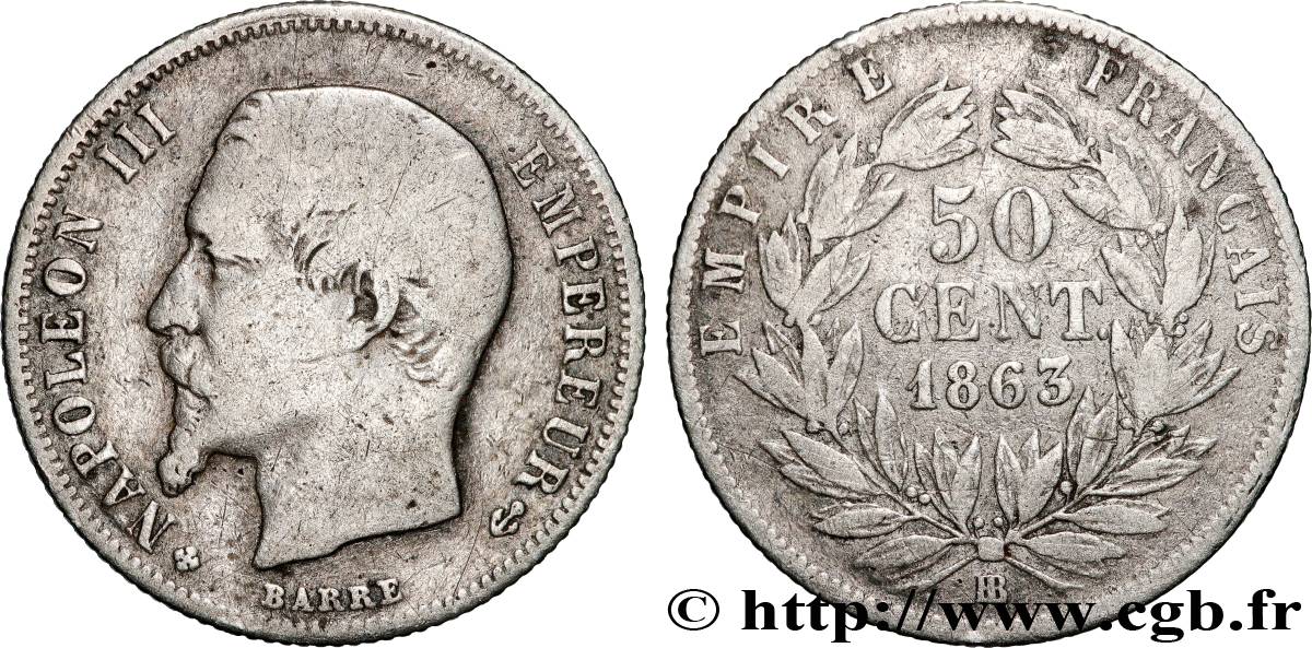 50 centimes Napoléon III, tête nue 1863 Strasbourg F.187/17 TB 