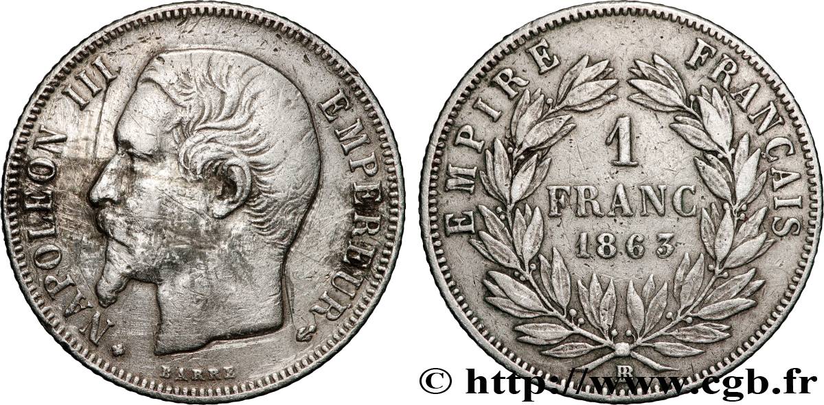 1 franc Napoléon III, tête nue 1863 Strasbourg F.214/21 B+ 