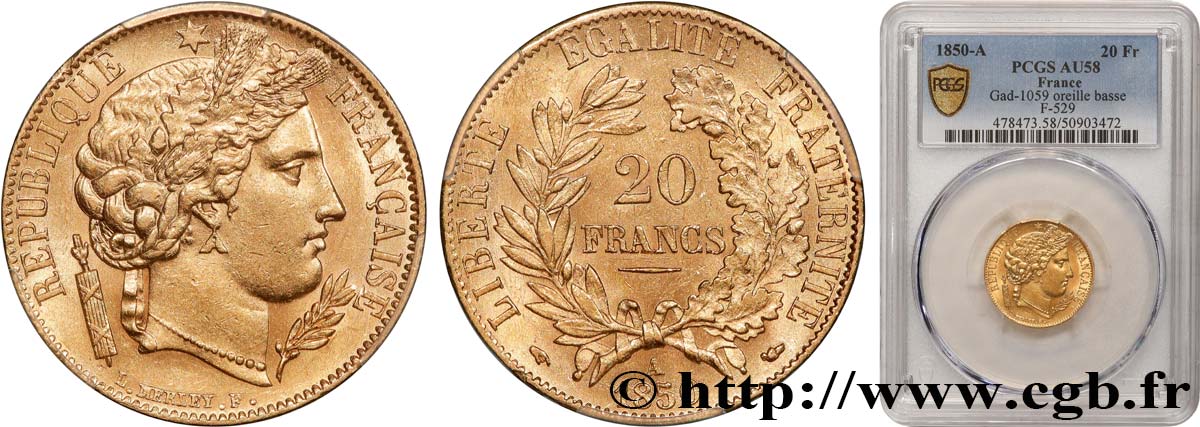 20 francs or Cérès 1850 Paris F.529/3 SUP58 PCGS