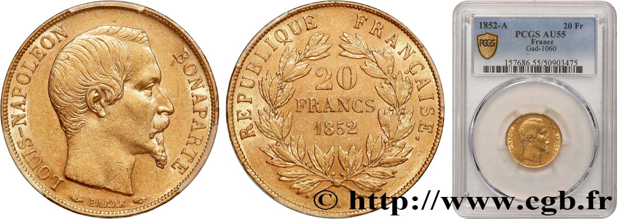 20 francs or Louis-Napoléon 1852 Paris F.530/1 AU55 PCGS