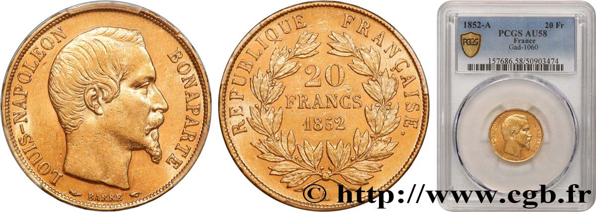 20 francs or Louis-Napoléon 1852 Paris F.530/1 AU58 PCGS