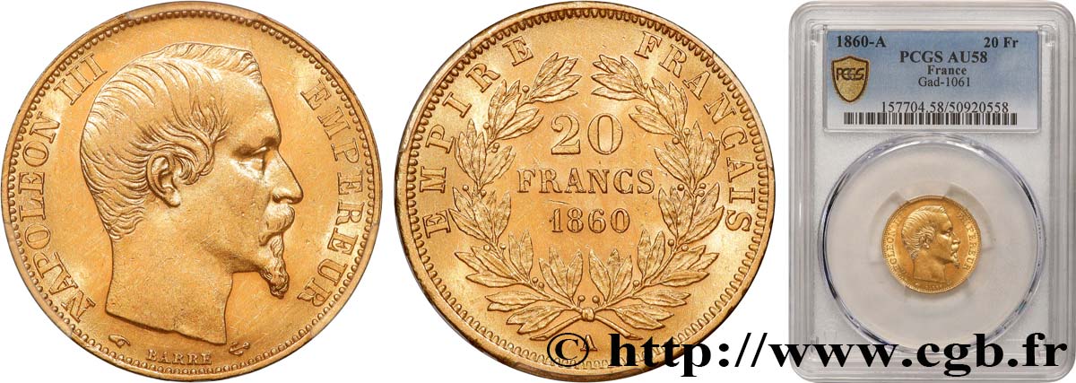 20 francs or Napoléon III, tête nue 1860 Paris F.531/18 SUP58 PCGS