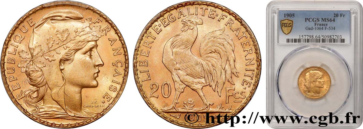 20 francs or Coq, Dieu protège la France 1905 Paris F.534/10 SPL64 PCGS