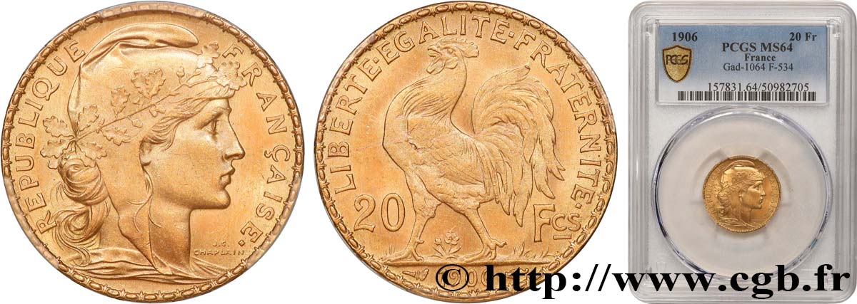 20 francs or Coq, Dieu protège la France 1906 Paris F.534/11 SPL64 PCGS