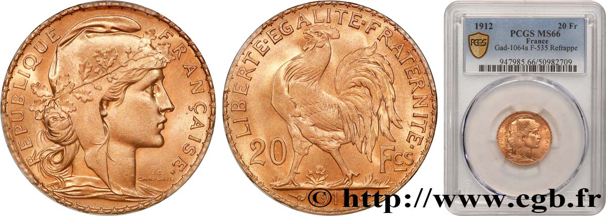 20 francs or Coq, Liberté Égalité Fraternité 1912 Paris F.535/6 MS66 PCGS