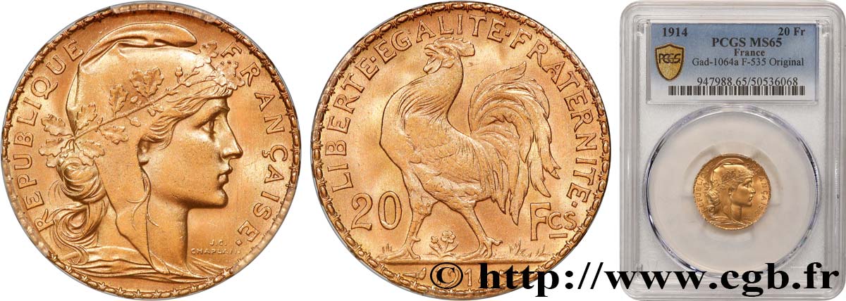 20 francs or Coq, Liberté Égalité Fraternité 1914 Paris F.535/8 MS65 PCGS