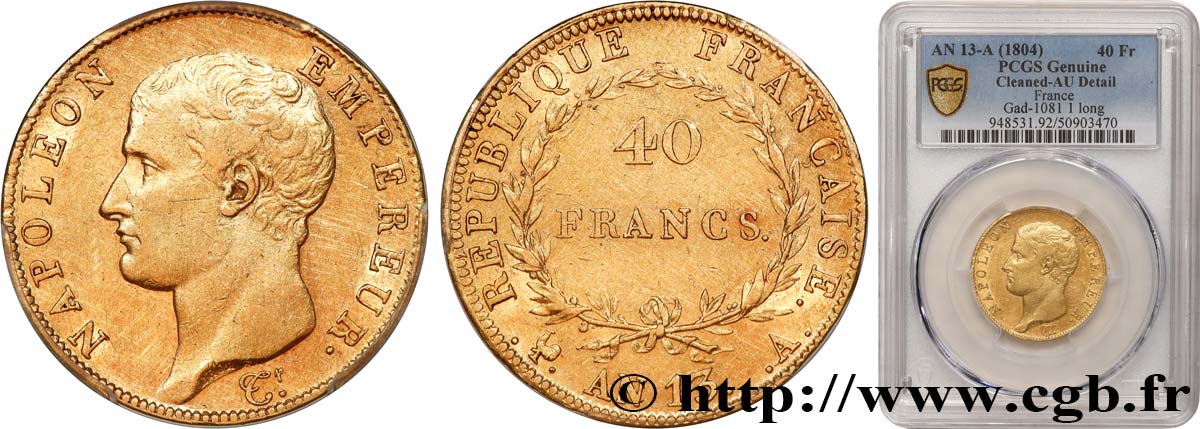 40 francs or Napoléon tête nue, Calendrier révolutionnaire 1805 Paris F.537/1 MBC+ PCGS