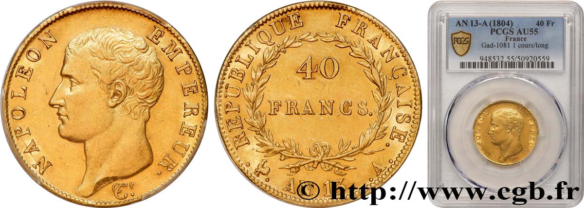 40 francs or Napoléon tête nue, Calendrier révolutionnaire 1805 Paris F.537/1 SPL55 PCGS