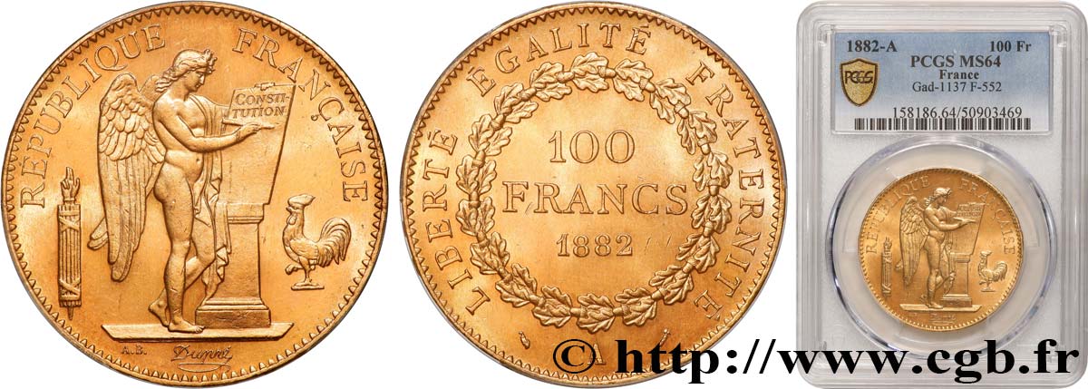 100 francs or Génie, tranche inscrite en relief Dieu protège la France 1882 Paris F.552/5 SPL64 PCGS