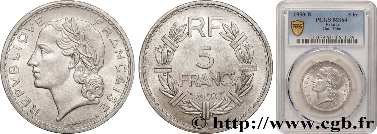 5 francs Lavrillier, aluminium 1950 Beaumont-Le-Roger F.339/21 SPL64 PCGS