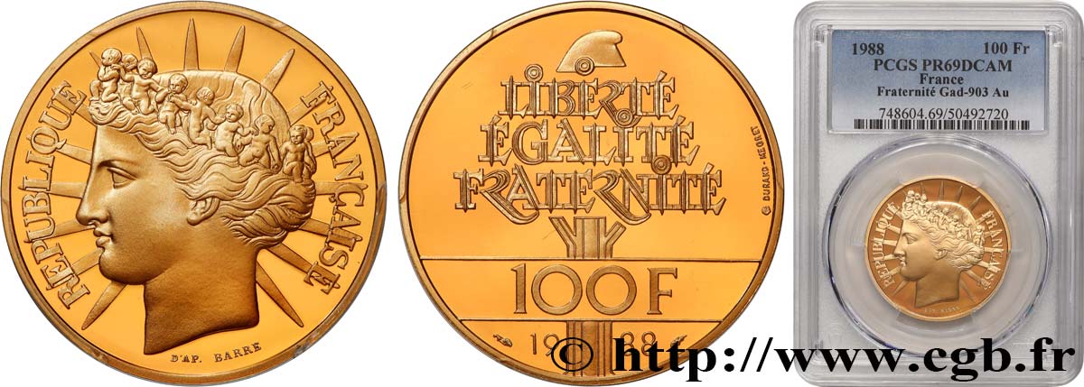 Belle Épreuve Or 100 francs - Fraternité 1988  F.1604 2 MS69 PCGS