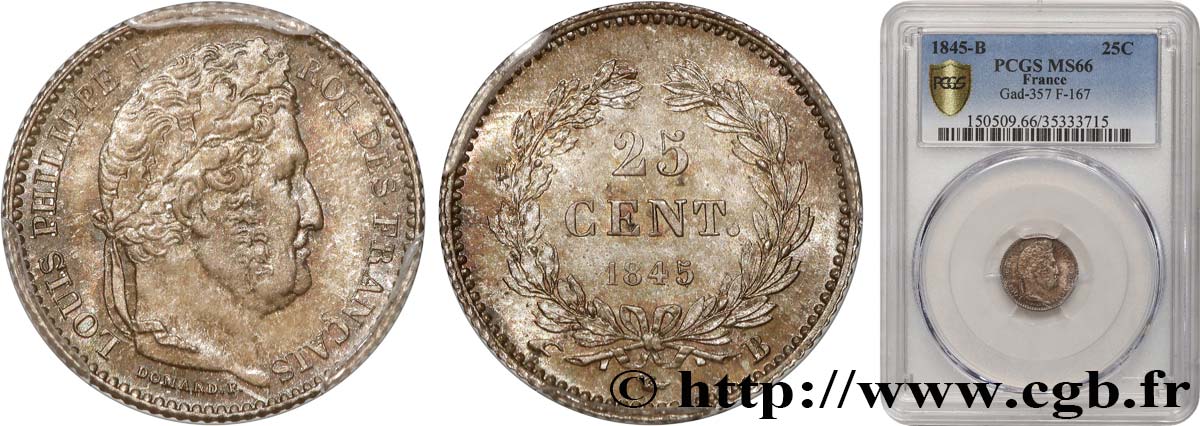 25 centimes Louis-Philippe 1845 Rouen F.167/1 MS65 PCGS