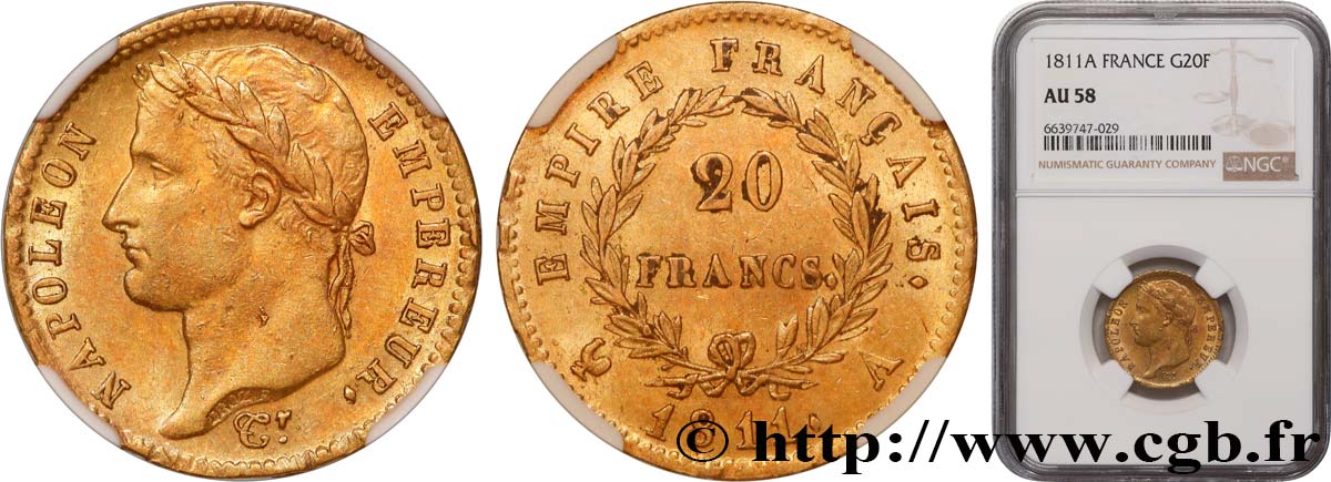 20 francs or Napoléon, tête laurée, Empire français 1811 Paris F.516/16 AU58 NGC