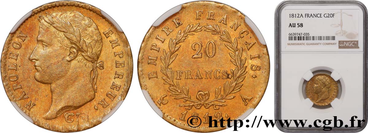 20 francs or Napoléon, tête laurée, Empire français 1812 Paris F.516/22 SPL58 NGC