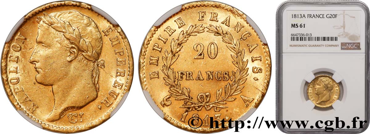 20 francs or Napoléon, tête laurée, Empire français 1813 Paris F.516/30 SUP61 NGC