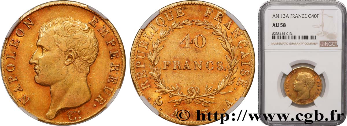 40 francs or Napoléon tête nue, Calendrier révolutionnaire 1805 Paris F.537/1 EBC58 NGC