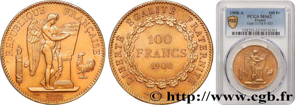 100 francs génie, tranche inscrite en relief liberté égalité fraternité 1908 Paris F.553/2 SUP62 PCGS