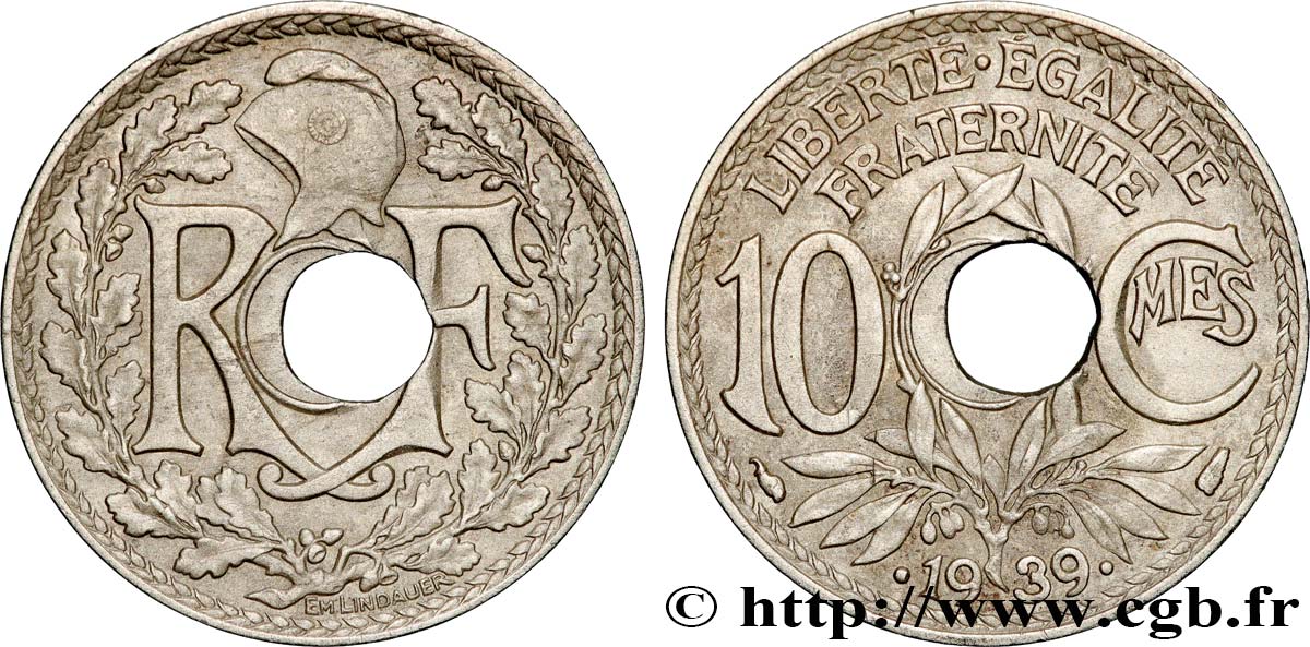 10 centimes Lindauer, maillechort, trou décentré 1939  F.139/3 var. TTB 