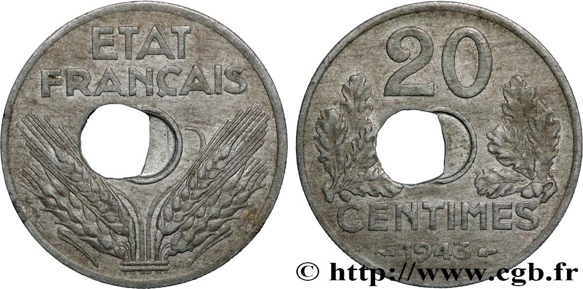 20 centimes État français, lourde, trou décentré 1943 Paris F.153/5 var. SS 