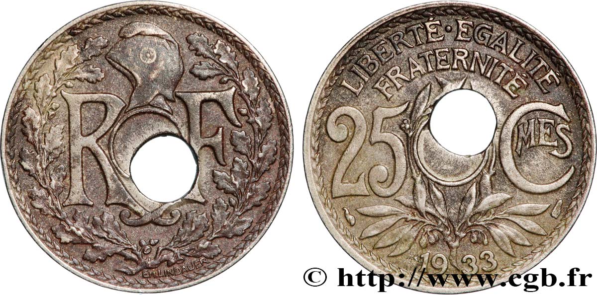 25 centimes Lindauer, trou décentré 1933  F.171/17 var. TTB 