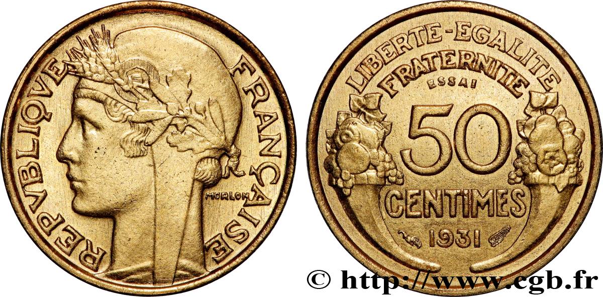 Essai-piéfort de 50 centimes Morlon, avec raisin, sans fruit 1931  GEM.84 EP SUP62 