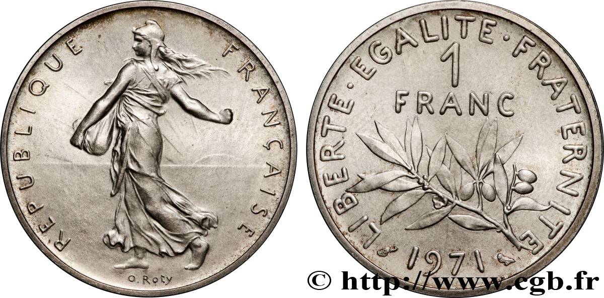 Piéfort argent de 1 franc Semeuse 1971 Paris GEM.104 P2 MS64 