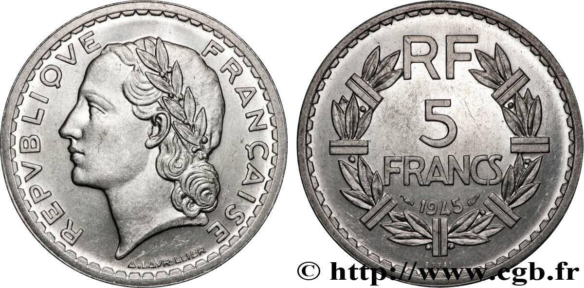 Essai de 5 francs Lavrillier, aluminium 1945  F.339/1 SPL 