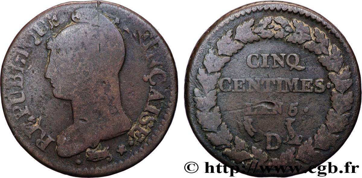 Cinq centimes Dupré, grand module,  refrappage  du décime 1797 Lyon F.114/7 TB 