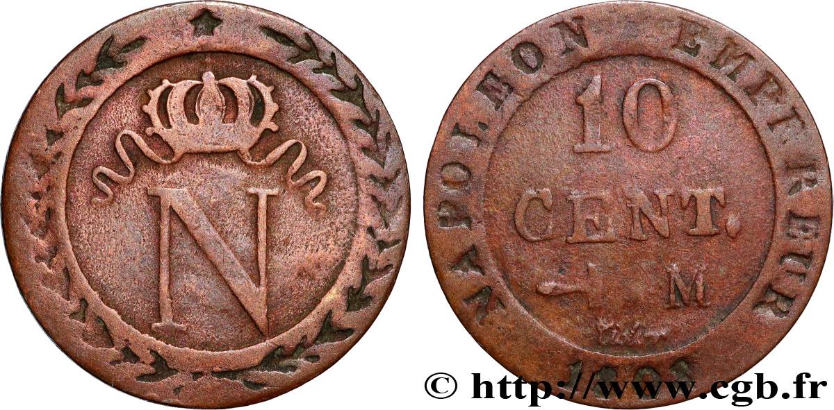 Faux de 10 cent. à l N couronnée 1808 Toulouse F.130/7 var. TB+ 