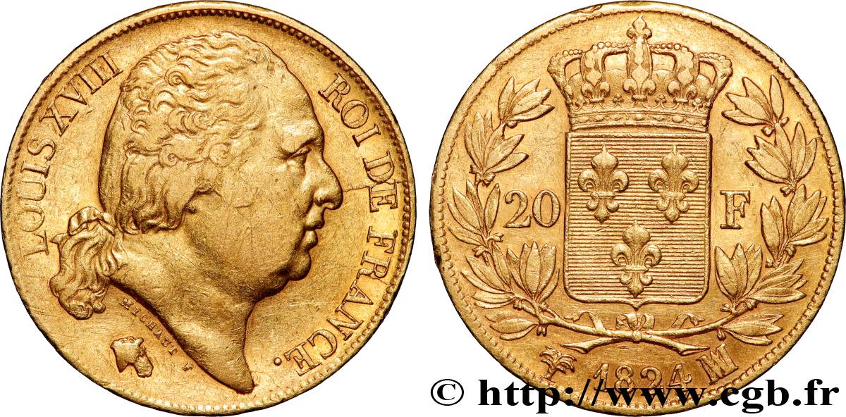 20 francs or Louis XVIII, tête nue 1824 Marseille F.519/32 XF 