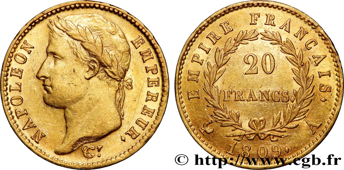 20 francs or Napoléon tête laurée, Empire français 1809 Paris F.516/1 AU 
