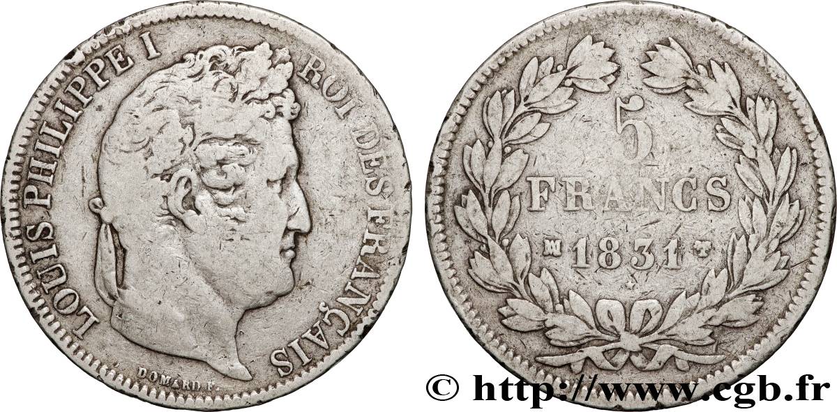 5 francs Ier type Domard, tranche en creux 1831 Marseille F.319/6 VF 