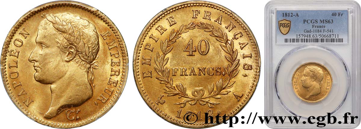 40 francs or Napoléon tête laurée, Empire français 1812 Paris F.541/9 SPL63 PCGS