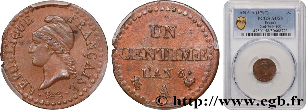 Un centime Dupré, 6 normal 1798 Paris F.100/3 SUP58 PCGS