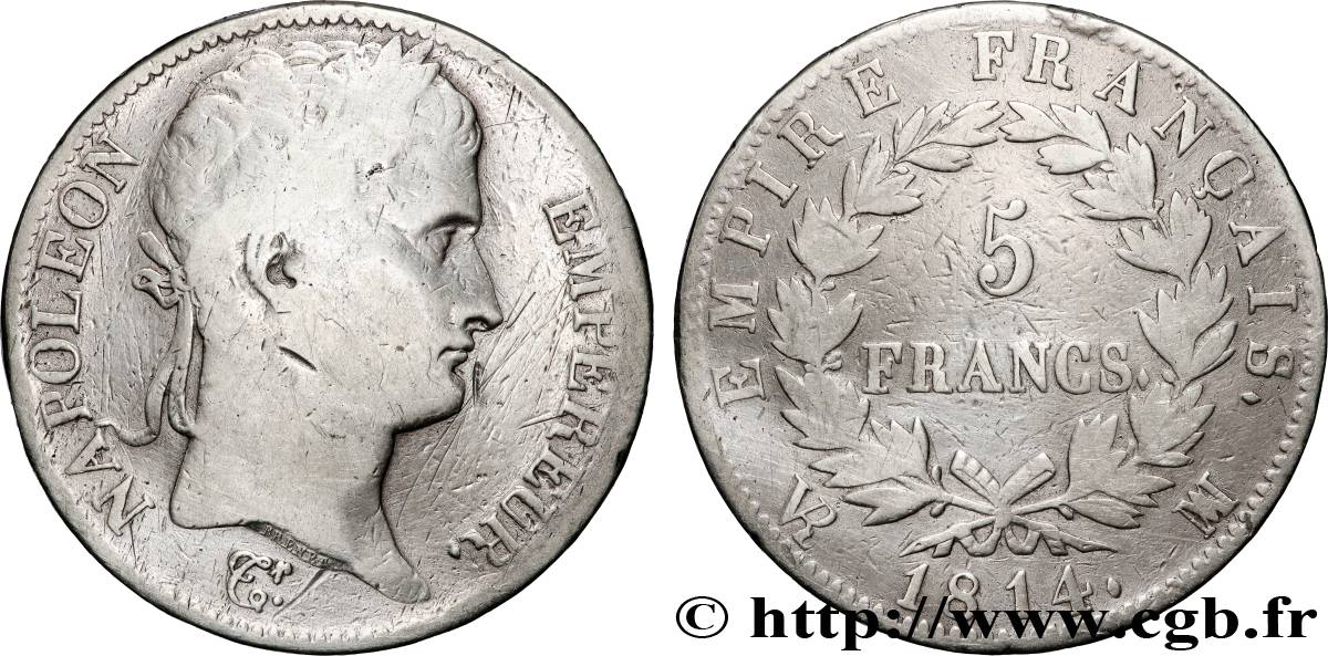 5 francs Napoléon Empereur, Empire français 1814 Marseille F.307/83 B+ 
