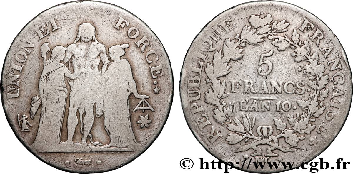 5 francs Union et Force, Union serré, avec glands intérieurs et gland extérieur 1802 Marseille F.288/182 B+ 