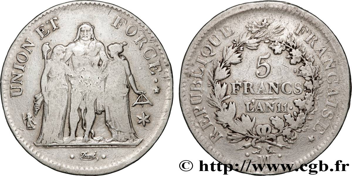 5 francs Union et Force, Union serré, seulement glands intérieurs 1803 Marseille F.288/196 F 