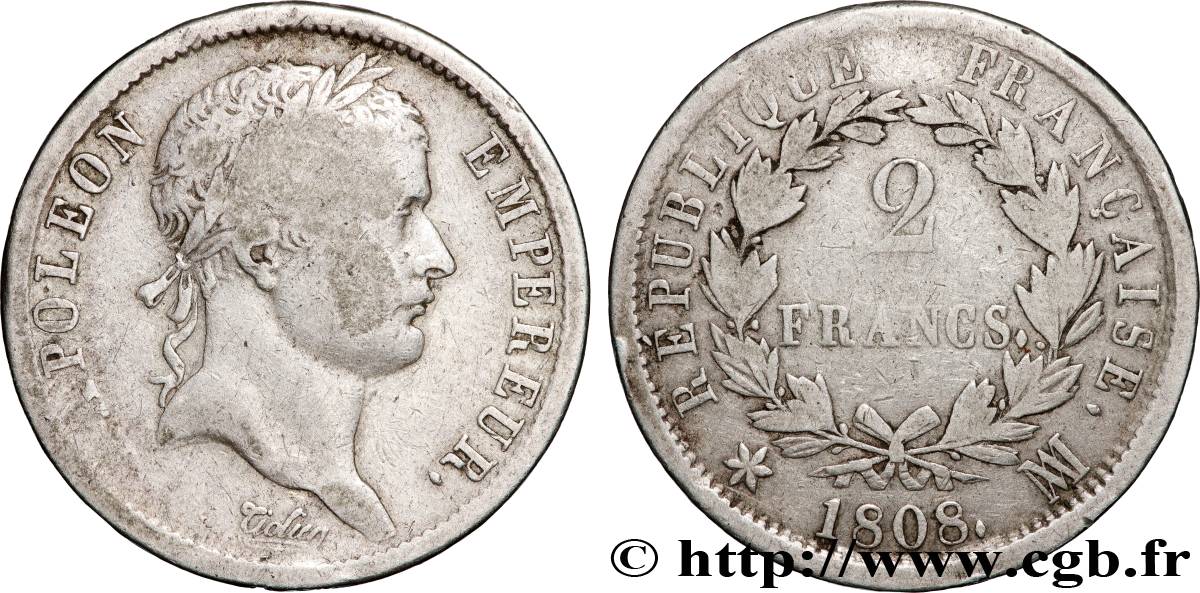 2 francs Napoléon Ier tête laurée, République française 1808 Marseille F.254/10 VF 