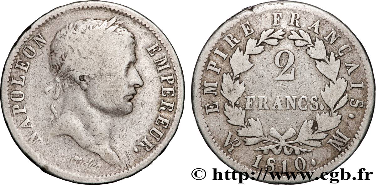 2 francs Napoléon Ier tête laurée, Empire français 1810 Marseille F.255/20 F15 